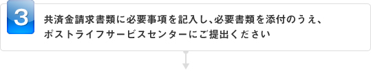 共済金請求書に必要事項を記入し、必要書類を添付のうえ、ポストライフサービスセンターにご提出ください
