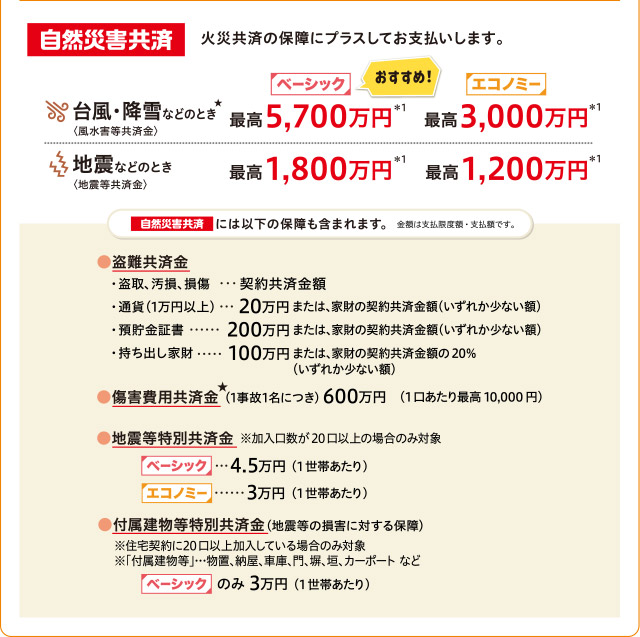 損害別の最高保障額 自然災害共済