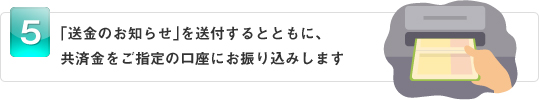 「送金のお知らせ」を送付するとともに、共済金をご指定の口座にお振り込みします