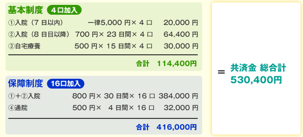 基本制度(4口加入) 保障制度（16口加入） = 共済金総合計 530,400円